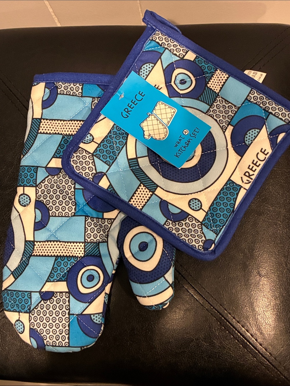 NWT GREECE Blue Oven Mitt & Pot Holder Set - Evil Eye Print